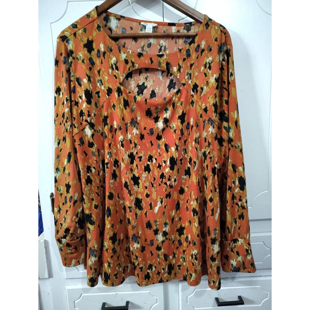 CATO Womens Long Sleeve Tunic Orange Black Gold Keyhole Pullover Top Size 22/24W